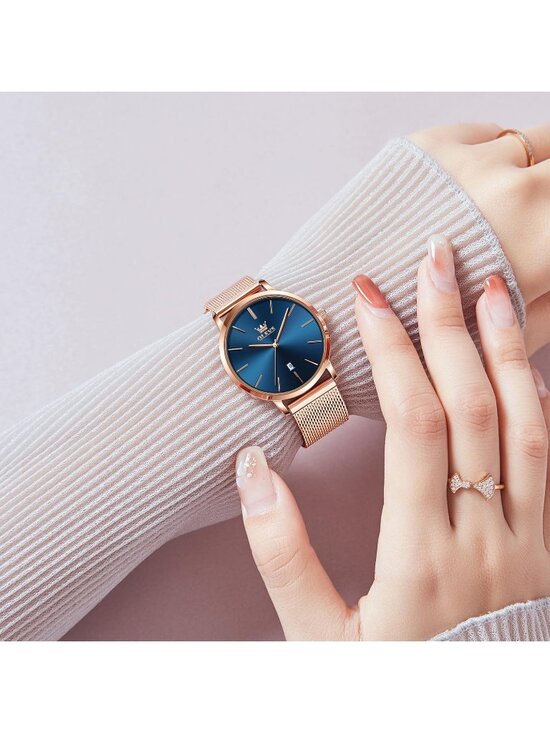 Women\'s Rose Gold Blue Mesh Stainless Steel Slim Thin Waterproof Luxury Watch